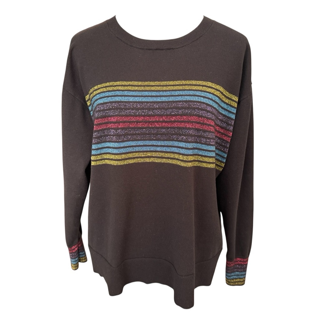 Express Women’s Black Knit Sweater Metallic Glittery Stripe Crewneck Large